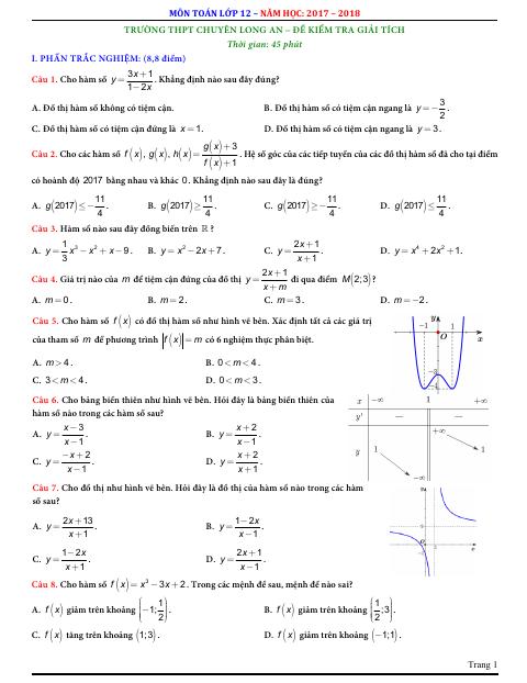 Đề kiểm tra 1 tiết Giải tích 12 chương 1 (Hàm số) năm học 2017 – 2018 trường THPT chuyên Long An